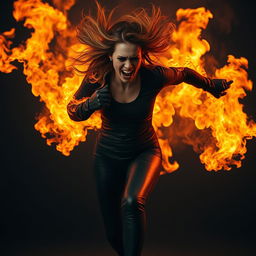 A striking image of a woman fully engulfed in flames, wearing tight black leather leggings and leather gloves