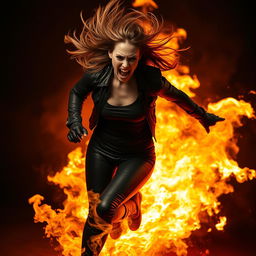 A striking image of a woman fully engulfed in flames, wearing tight black leather leggings and leather gloves