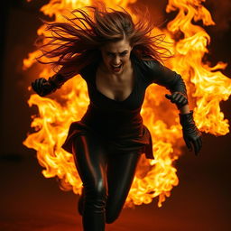 A striking image of a woman fully engulfed in flames, wearing tight black leather leggings and leather gloves