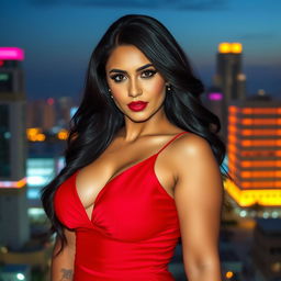 A thirty-year-old woman with curvy and sexy Arab features, prominently displaying large breasts, confidently posing in a short red dress