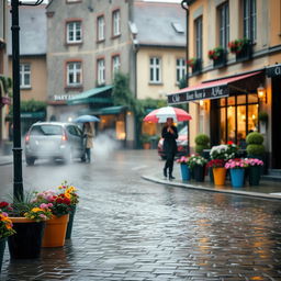 A serene scene of rain gently falling in a quaint village square, with cobblestone streets shimmering under puddles