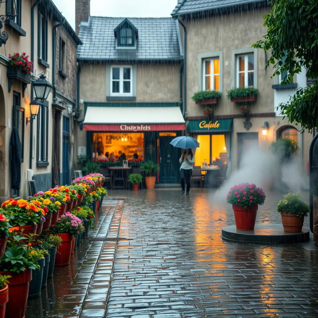 A serene scene of rain gently falling in a quaint village square, with cobblestone streets shimmering under puddles