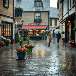 A serene scene of rain gently falling in a quaint village square, with cobblestone streets shimmering under puddles