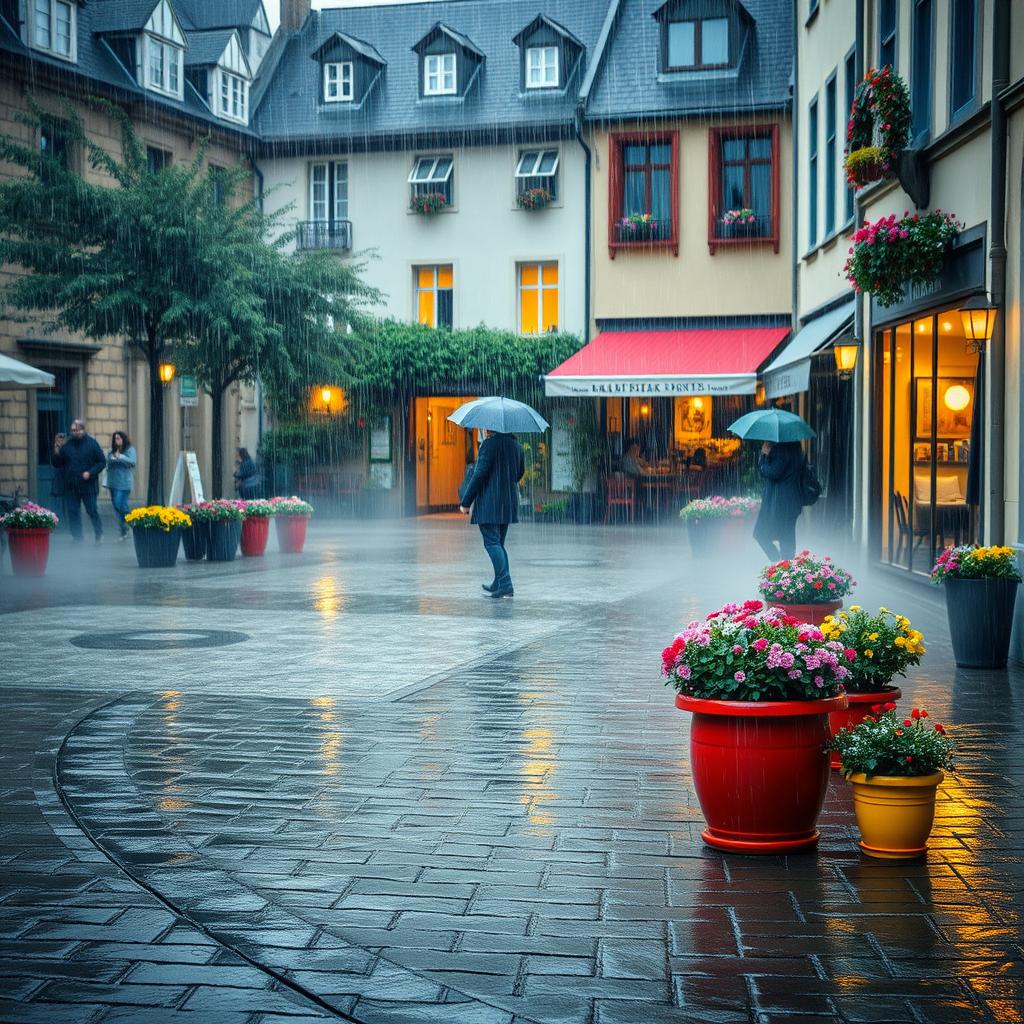 A serene scene of rain gently falling in a quaint village square, with cobblestone streets shimmering under puddles