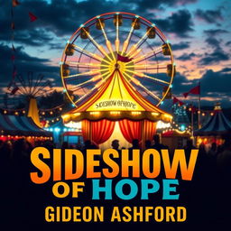 A vibrant carnival scene at dusk, filled with colorful lights and mystical elements symbolizing hope and wonder