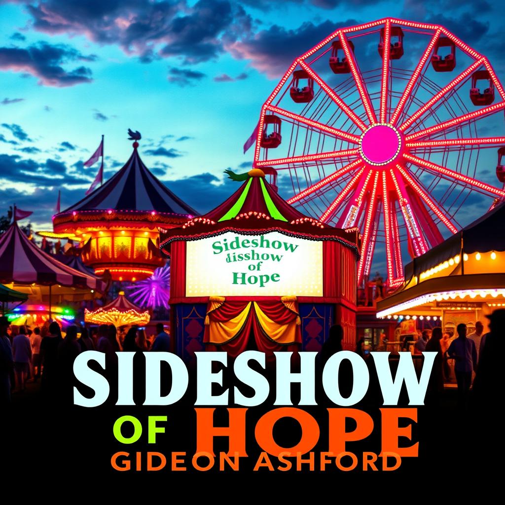 A vibrant carnival scene at dusk, filled with colorful lights and mystical elements symbolizing hope and wonder