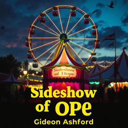 A vibrant carnival scene at dusk, filled with colorful lights and mystical elements symbolizing hope and wonder
