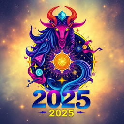 A vibrant, futuristic representation of the zodiac sign for the year 2025, featuring bold colors and intricate designs that embody the traits associated with the sign for that year