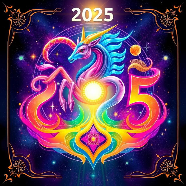 A vibrant, futuristic representation of the zodiac sign for the year 2025, featuring bold colors and intricate designs that embody the traits associated with the sign for that year