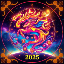 A vibrant, futuristic representation of the zodiac sign for the year 2025, featuring bold colors and intricate designs that embody the traits associated with the sign for that year