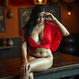 A beautiful fair Indian maid sitting elegantly on the edge of a rustic wooden table, completely naked and glistening with sweat, conveying an alluring sense of intimacy