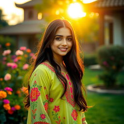 A beautiful Pakistani girl with long dark hair, wearing a colorful traditional dress (shalwar kameez) adorned with intricate embroidery