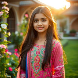 A beautiful Pakistani girl with long dark hair, wearing a colorful traditional dress (shalwar kameez) adorned with intricate embroidery