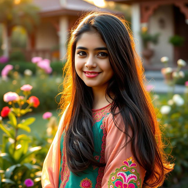 A beautiful Pakistani girl with long dark hair, wearing a colorful traditional dress (shalwar kameez) adorned with intricate embroidery