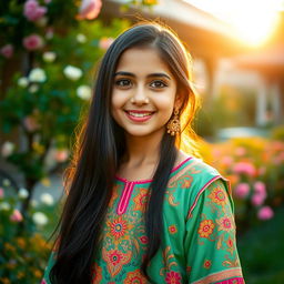 A beautiful Pakistani girl with long dark hair, wearing a colorful traditional dress (shalwar kameez) adorned with intricate embroidery