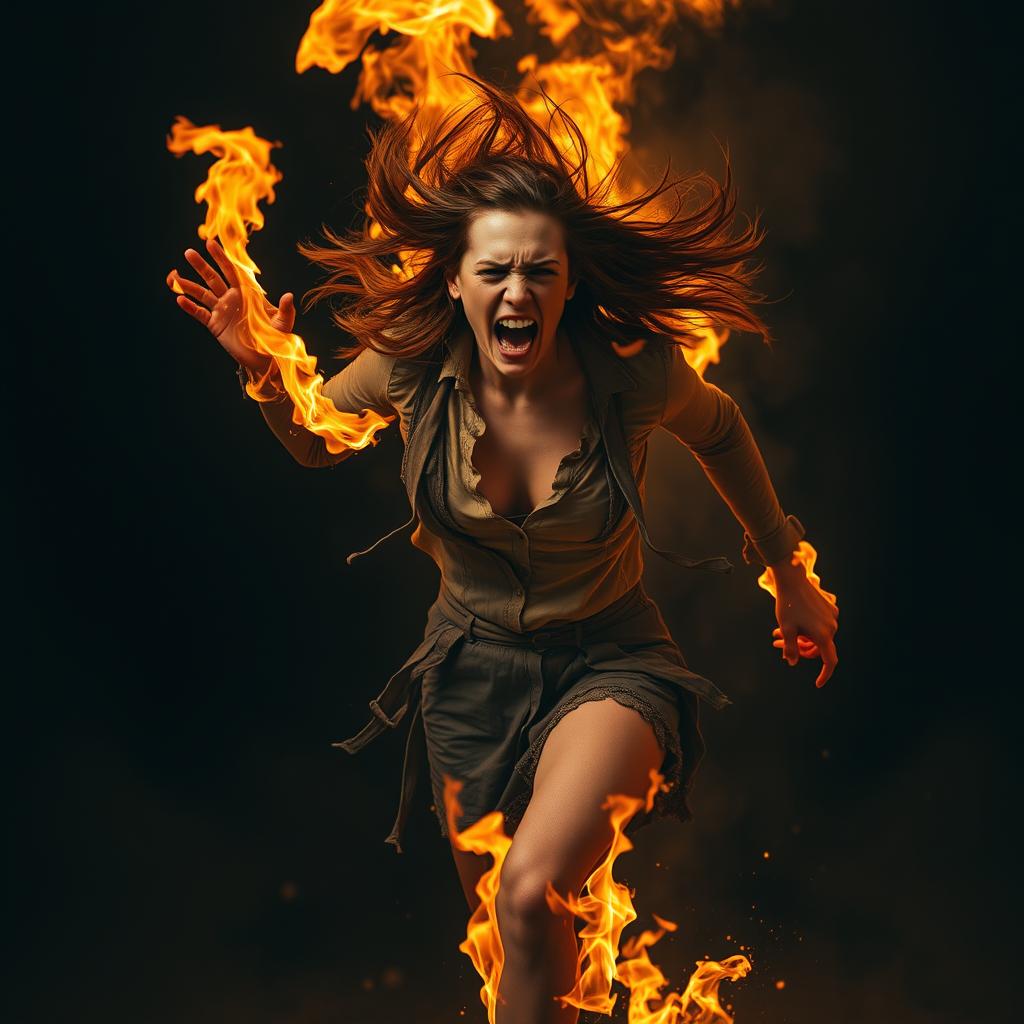 A dramatic scene featuring a woman engulfed in flames, completely consumed by fire as she runs in fear and agony