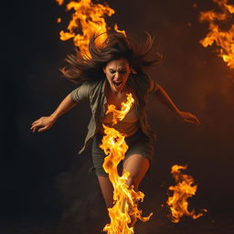 A dramatic scene featuring a woman engulfed in flames, completely consumed by fire as she runs in fear and agony