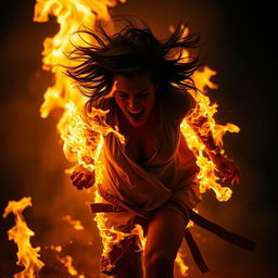 A dramatic scene featuring a woman engulfed in flames, completely consumed by fire as she runs in fear and agony