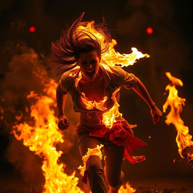 A dramatic scene featuring a woman engulfed in flames, completely consumed by fire as she runs in fear and agony