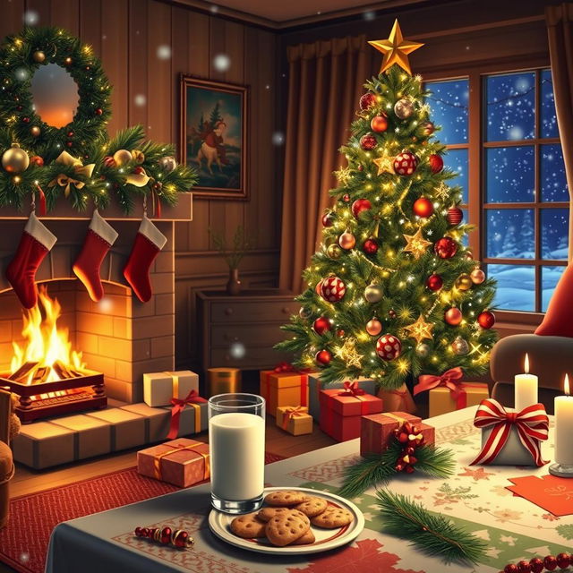 A cozy and festive Christmas scene, featuring a beautifully decorated Christmas tree with colorful ornaments and twinkling lights in a warmly lit living room