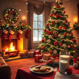 A cozy and festive Christmas scene, featuring a beautifully decorated Christmas tree with colorful ornaments and twinkling lights in a warmly lit living room