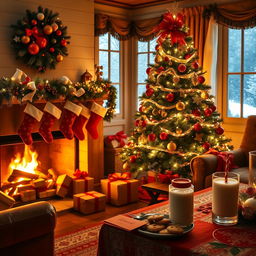 A cozy and festive Christmas scene, featuring a beautifully decorated Christmas tree with colorful ornaments and twinkling lights in a warmly lit living room
