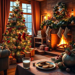 A cozy and festive Christmas scene, featuring a beautifully decorated Christmas tree with colorful ornaments and twinkling lights in a warmly lit living room