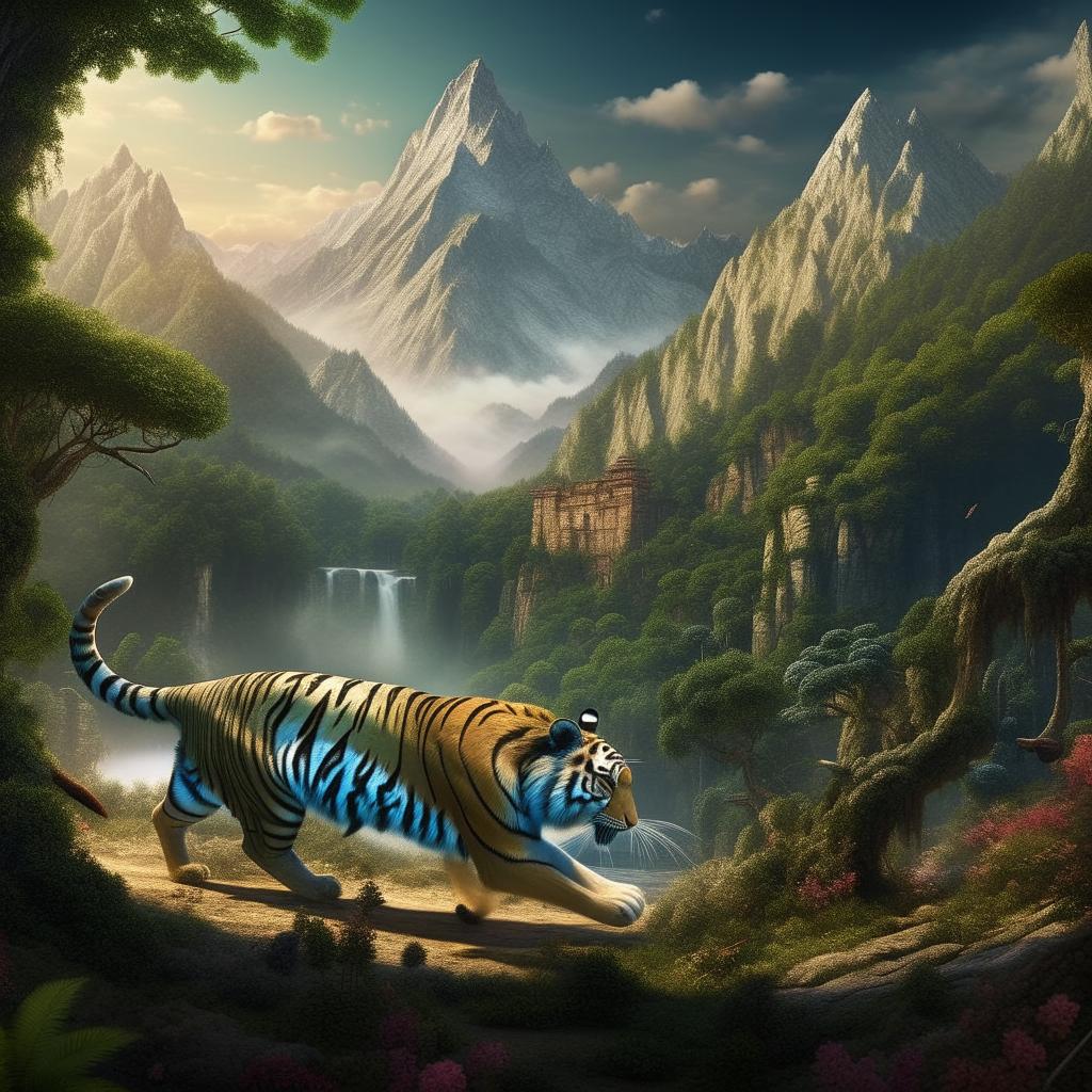 A dynamic and vibrant scene of a tiger ardently pursuing a rabbit in a lush forest, with majestic mountains looming under a clear sky in the background.