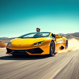 A stunning and powerful scene featuring a sleek Lamborghini driving on an open road surrounded by picturesque landscapes