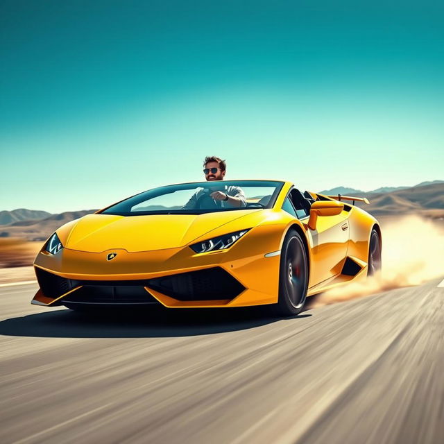 A stunning and powerful scene featuring a sleek Lamborghini driving on an open road surrounded by picturesque landscapes