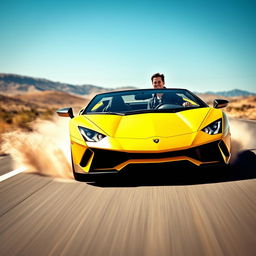 A stunning and powerful scene featuring a sleek Lamborghini driving on an open road surrounded by picturesque landscapes