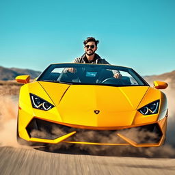 A stunning and powerful scene featuring a sleek Lamborghini driving on an open road surrounded by picturesque landscapes