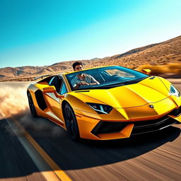 A stunning and powerful scene featuring a sleek Lamborghini driving on an open road surrounded by picturesque landscapes
