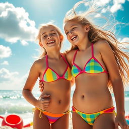 A vibrant summer day at the beach, two young girls wearing colorful bikinis, smiling and laughing as they hug each other