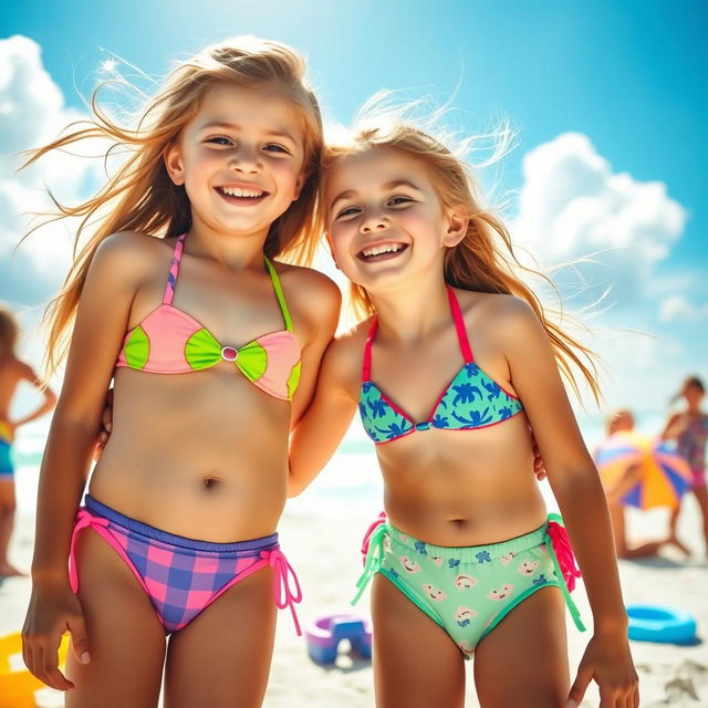 A vibrant summer day at the beach, two young girls wearing colorful bikinis, smiling and laughing as they hug each other