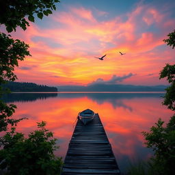 A beautiful landscape at sunset, featuring a serene lake reflecting the vibrant oranges and pinks of the sky