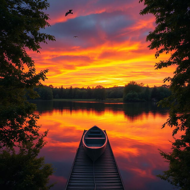 A beautiful landscape at sunset, featuring a serene lake reflecting the vibrant oranges and pinks of the sky