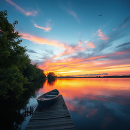 A beautiful landscape at sunset, featuring a serene lake reflecting the vibrant oranges and pinks of the sky