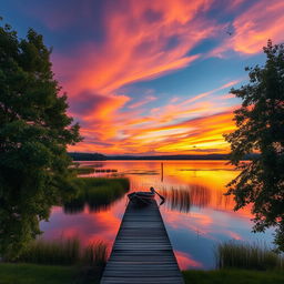 A beautiful landscape at sunset, featuring a serene lake reflecting the vibrant oranges and pinks of the sky