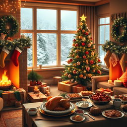 A warm and cozy Christmas scene featuring a beautifully decorated living room
