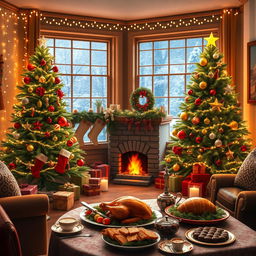 A warm and cozy Christmas scene featuring a beautifully decorated living room