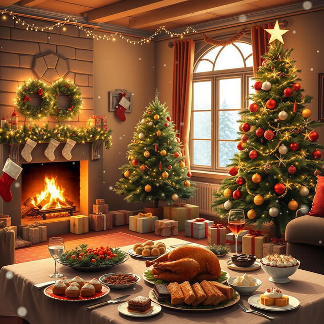 A warm and cozy Christmas scene featuring a beautifully decorated living room