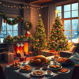 A warm and cozy Christmas scene featuring a beautifully decorated living room