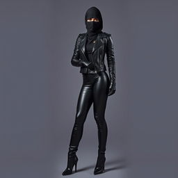 A striking woman in a fierce outfit, wearing tight black leather leggings that hug her curves, a stylish leather jacket over a fitted top, high-heeled leather boots that elevate her stature, and sleek leather gloves that add to her edgy look