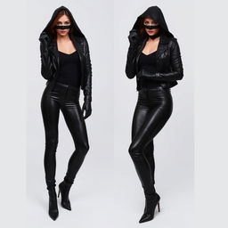 A striking woman in a fierce outfit, wearing tight black leather leggings that hug her curves, a stylish leather jacket over a fitted top, high-heeled leather boots that elevate her stature, and sleek leather gloves that add to her edgy look