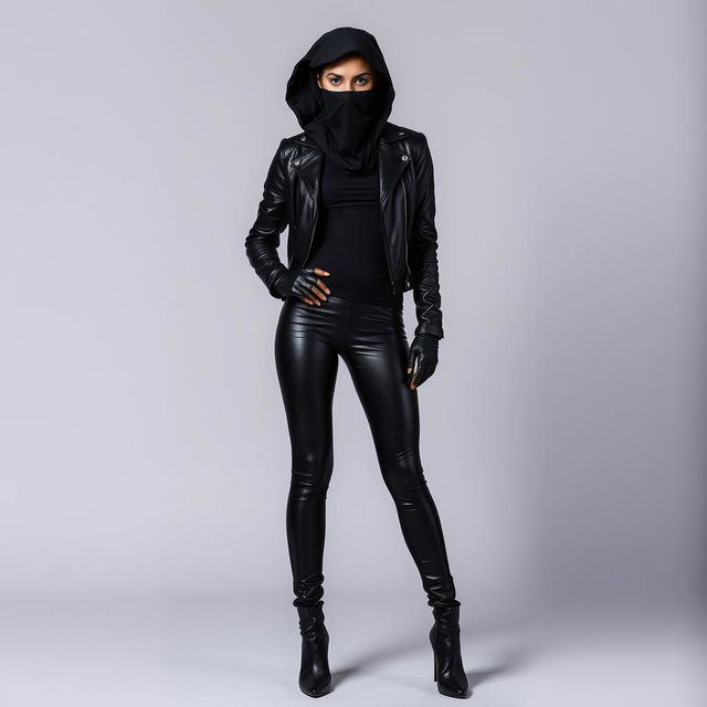 A striking woman in a fierce outfit, wearing tight black leather leggings that hug her curves, a stylish leather jacket over a fitted top, high-heeled leather boots that elevate her stature, and sleek leather gloves that add to her edgy look