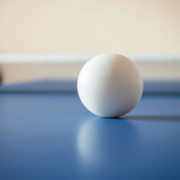 A close-up view of a ping pong ball hitting a table, with the ball slightly deformed as it makes contact