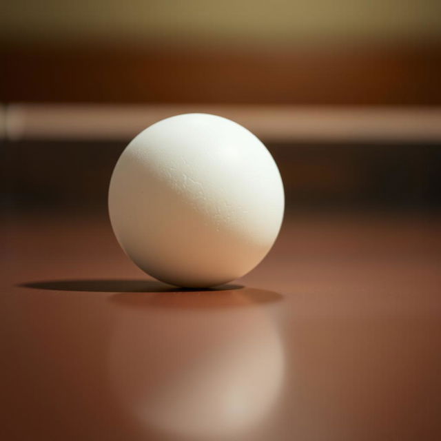 A close-up view of a ping pong ball hitting a table, with the ball slightly deformed as it makes contact