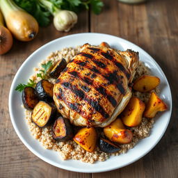 A healthy and delicious upside-down chicken dish featuring grilled chicken, roasted eggplant, roasted cauliflower, roasted potatoes, and coarse bulgur