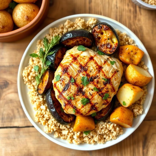 A healthy and delicious upside-down chicken dish featuring grilled chicken, roasted eggplant, roasted cauliflower, roasted potatoes, and coarse bulgur